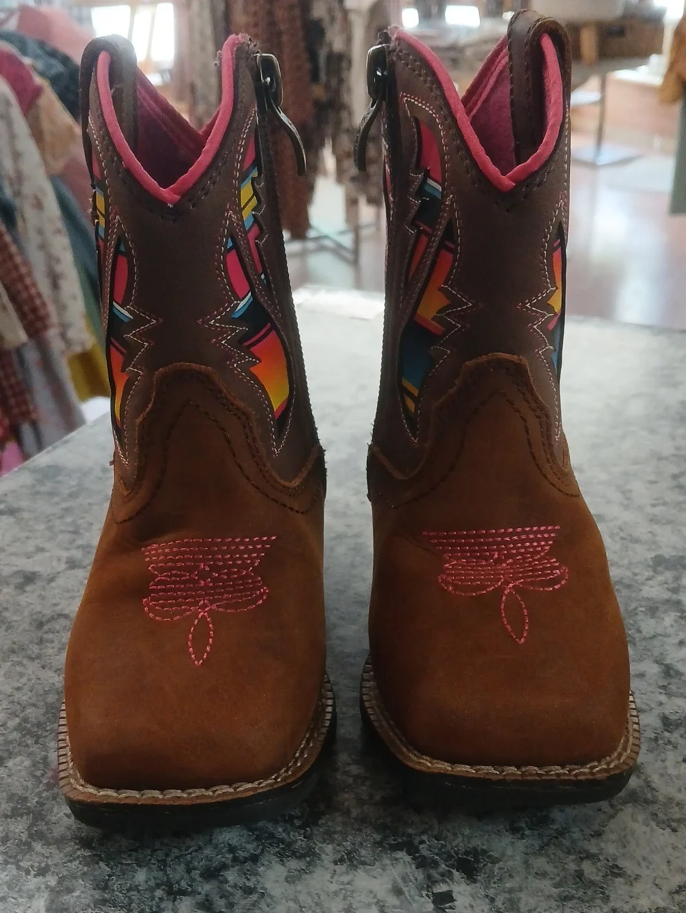 Ariat Girls Brown Western Boots with Colorful Inlay - Kids Sz 7